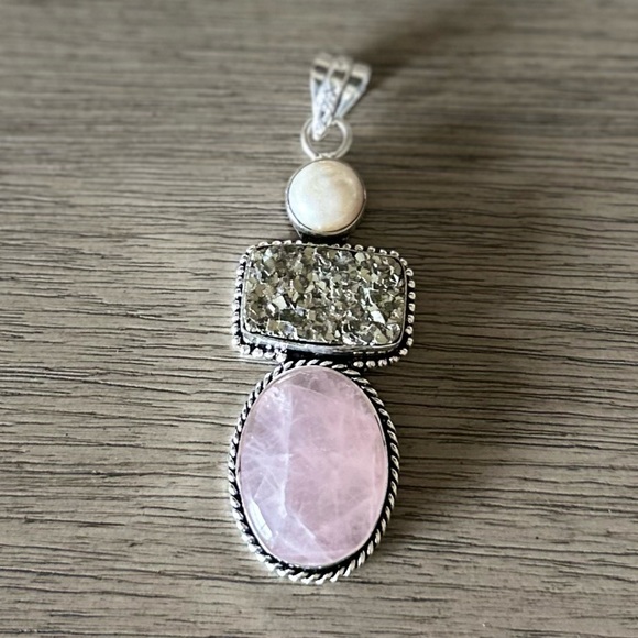 🆑 0833 Rose Quartz Pearl Pendant Handmade Silver Gemstone Statement Jewelry - Picture 7 of 8